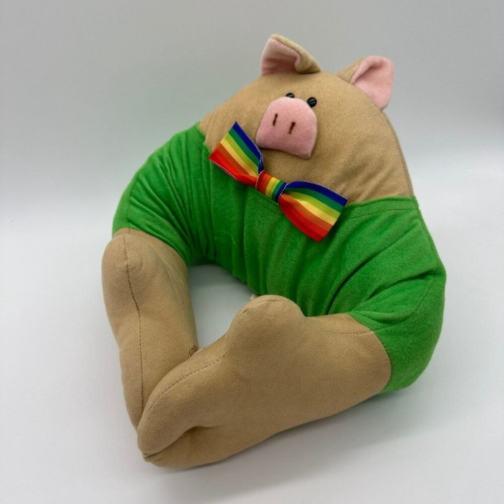 Vintage Pig Plush Pillow Rainbow Bow Tie Bean Patch M Nakamura 80s RARE Collect